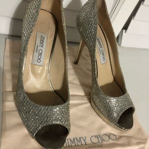 Jimmy Choo Champagne Luna Peep Toe Pumps - Size 8